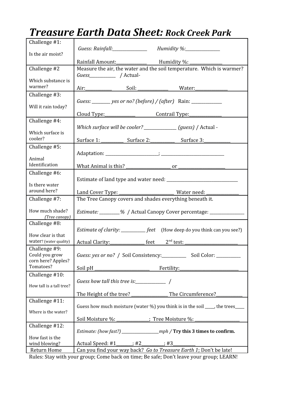 Treasure Earth Data Sheet:Rock Creek Park