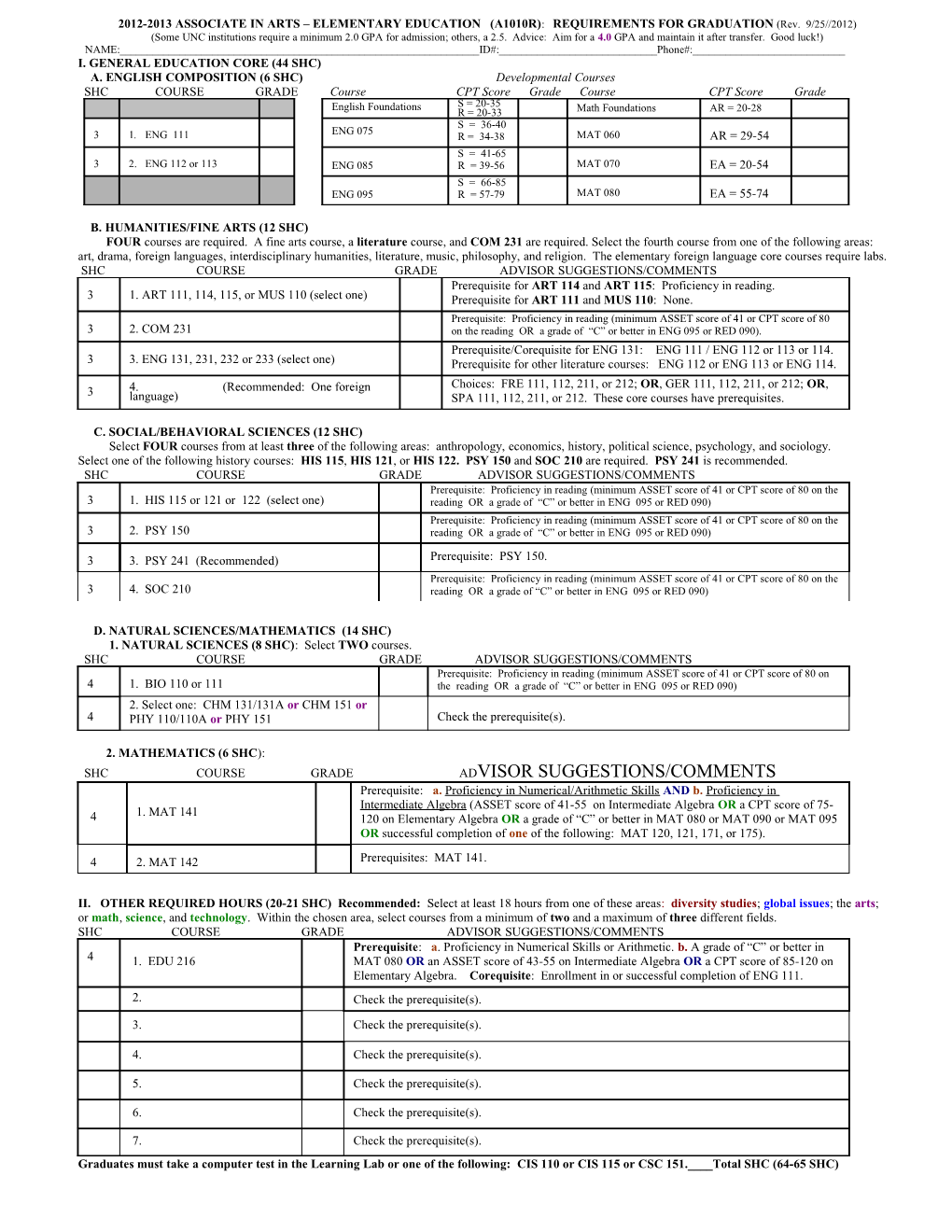 Spring 1999 ASSOCIATE in ARTS CURRICULUM GUIDELINES: REQUIREMENTS for GRADUATION