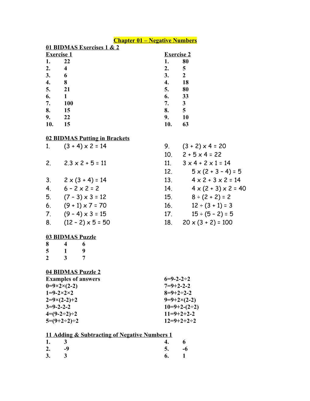 Chapter 0 - Number Work