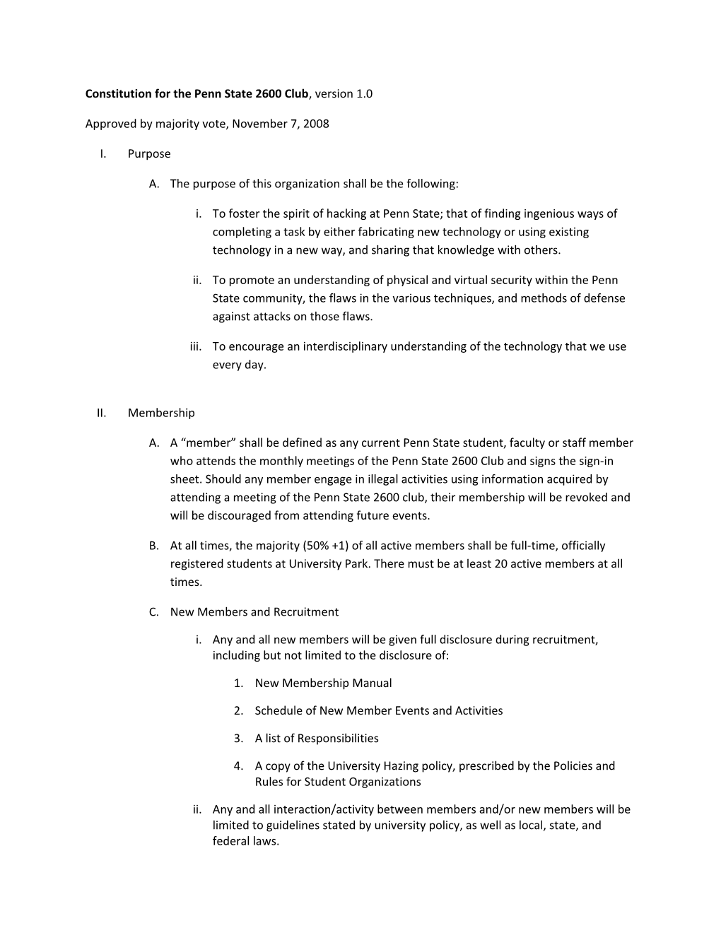 Constitution for the Penn State 2600 Club , Version 1.0