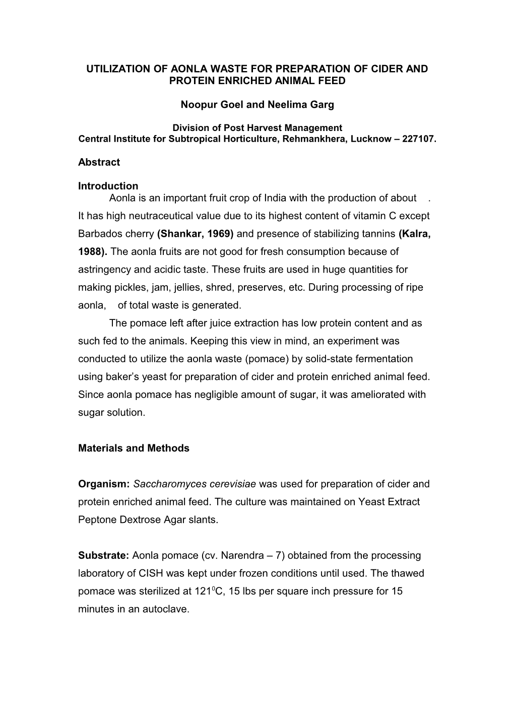 Solid-State Fermentation of Aonla Waste for Preparation of Cider and Protein Enriched Animal