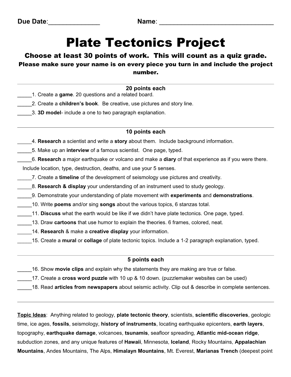 Plate Tectonics Projects