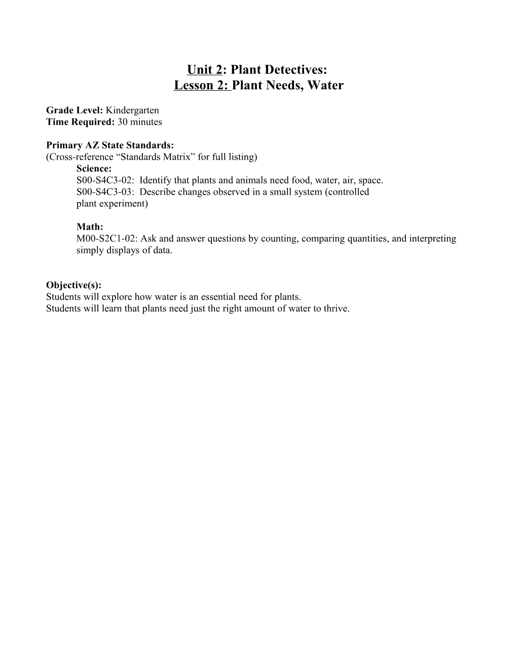 Lesson 2: Plant Needs, Water