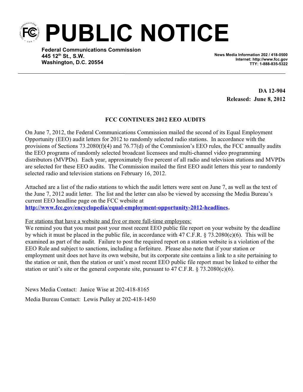 Fcc Continues 2012 Eeo Audits