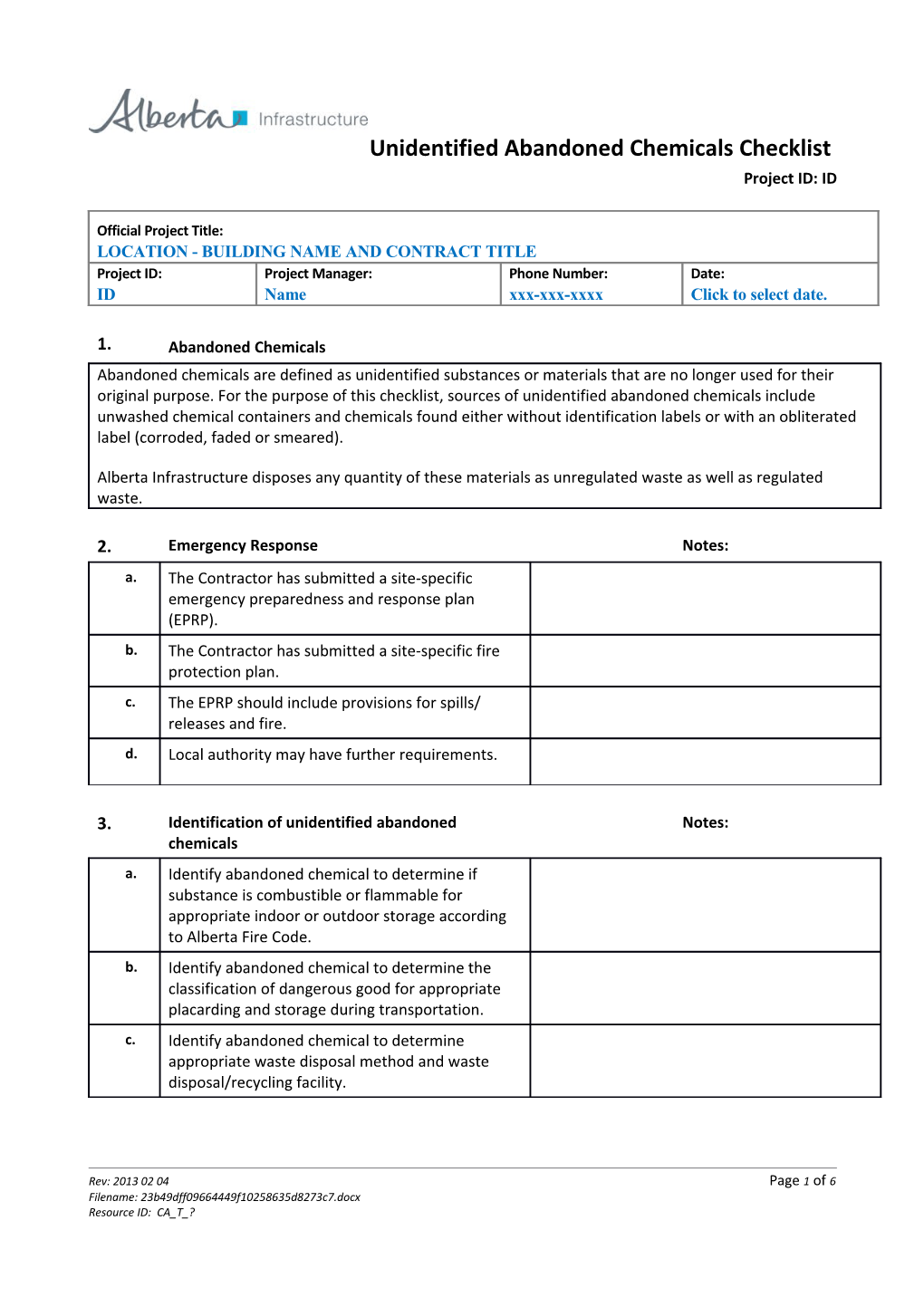 EMS Unidentified Abandoned Chemicals Checklist