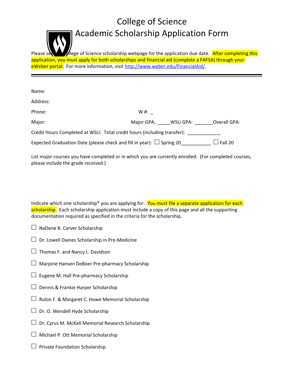 Academic Scholarship Application Form