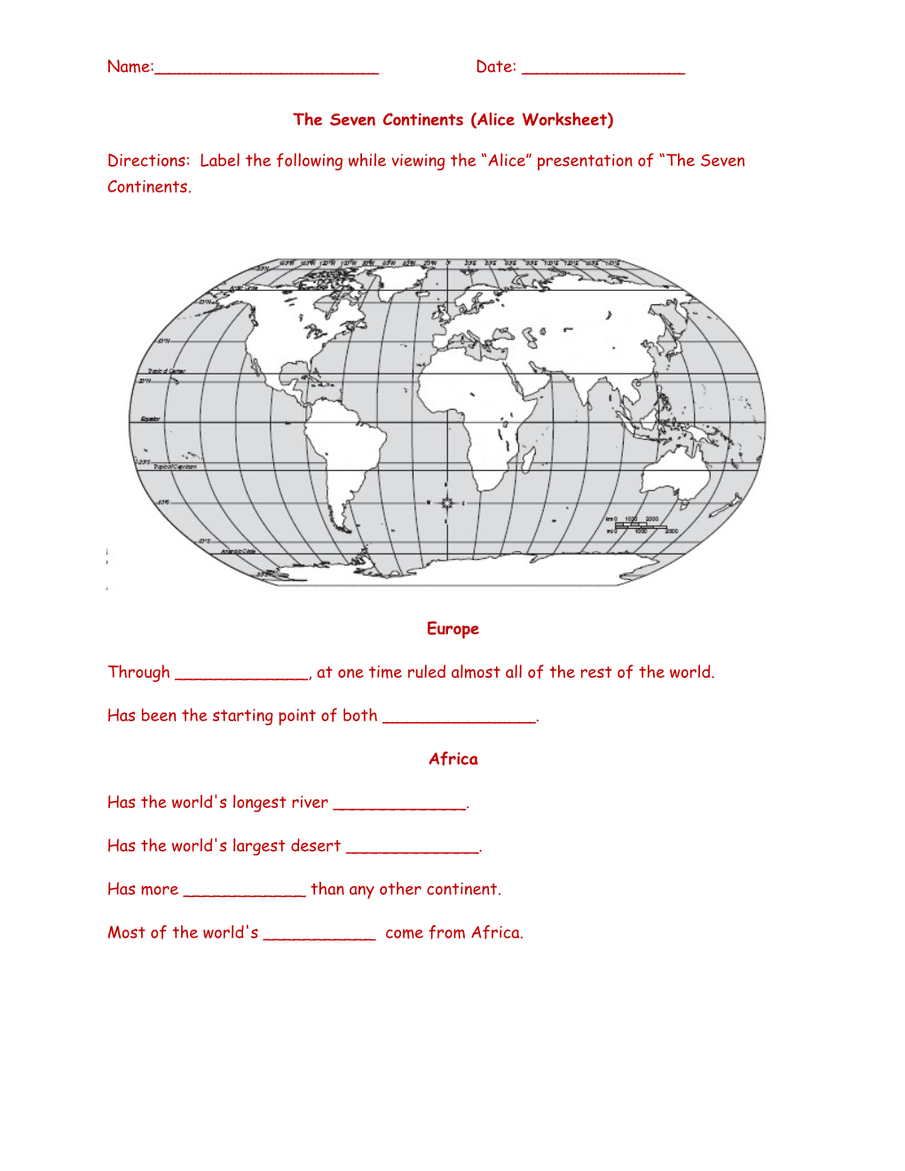 The Seven Continents (Alice Worksheet)