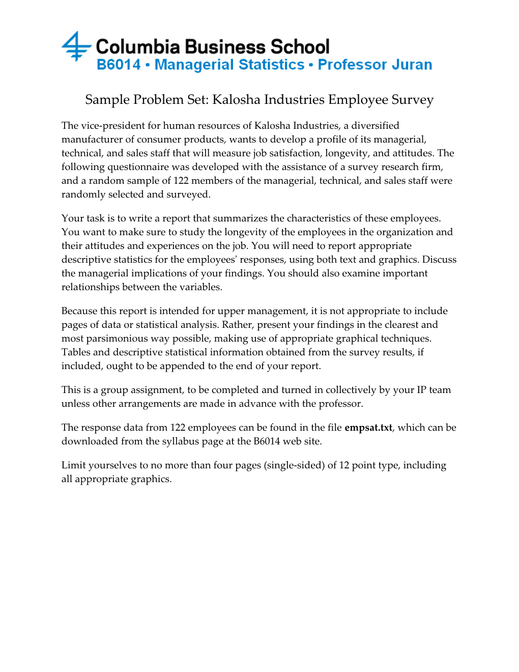 Sample Problem Set: Kalosha Industries Employee Survey