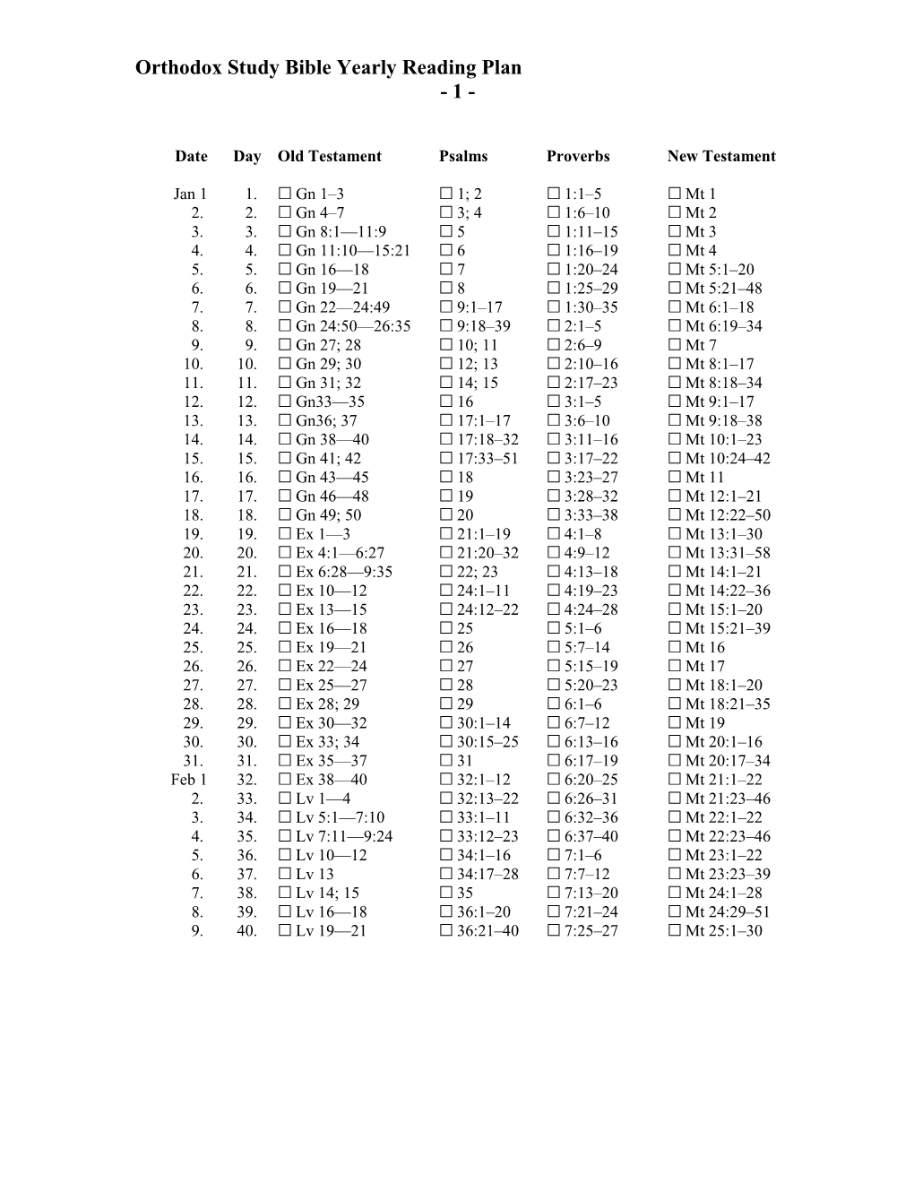 Orthodox Study Bible Yearly Reading Plan