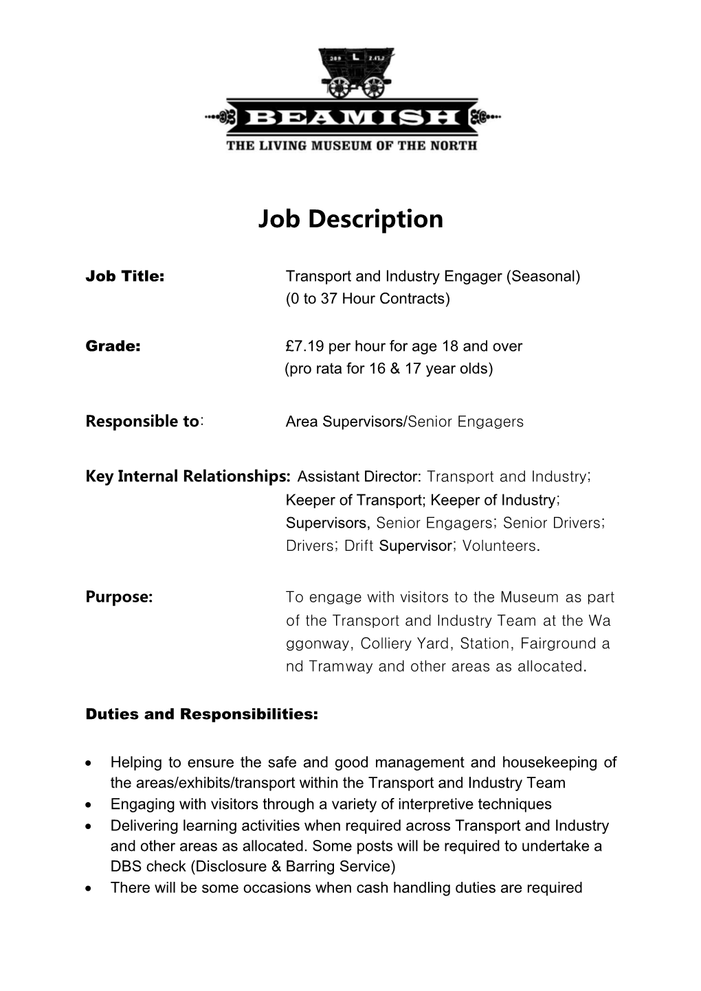 Job Title: Transport and Industry Engager (Seasonal)