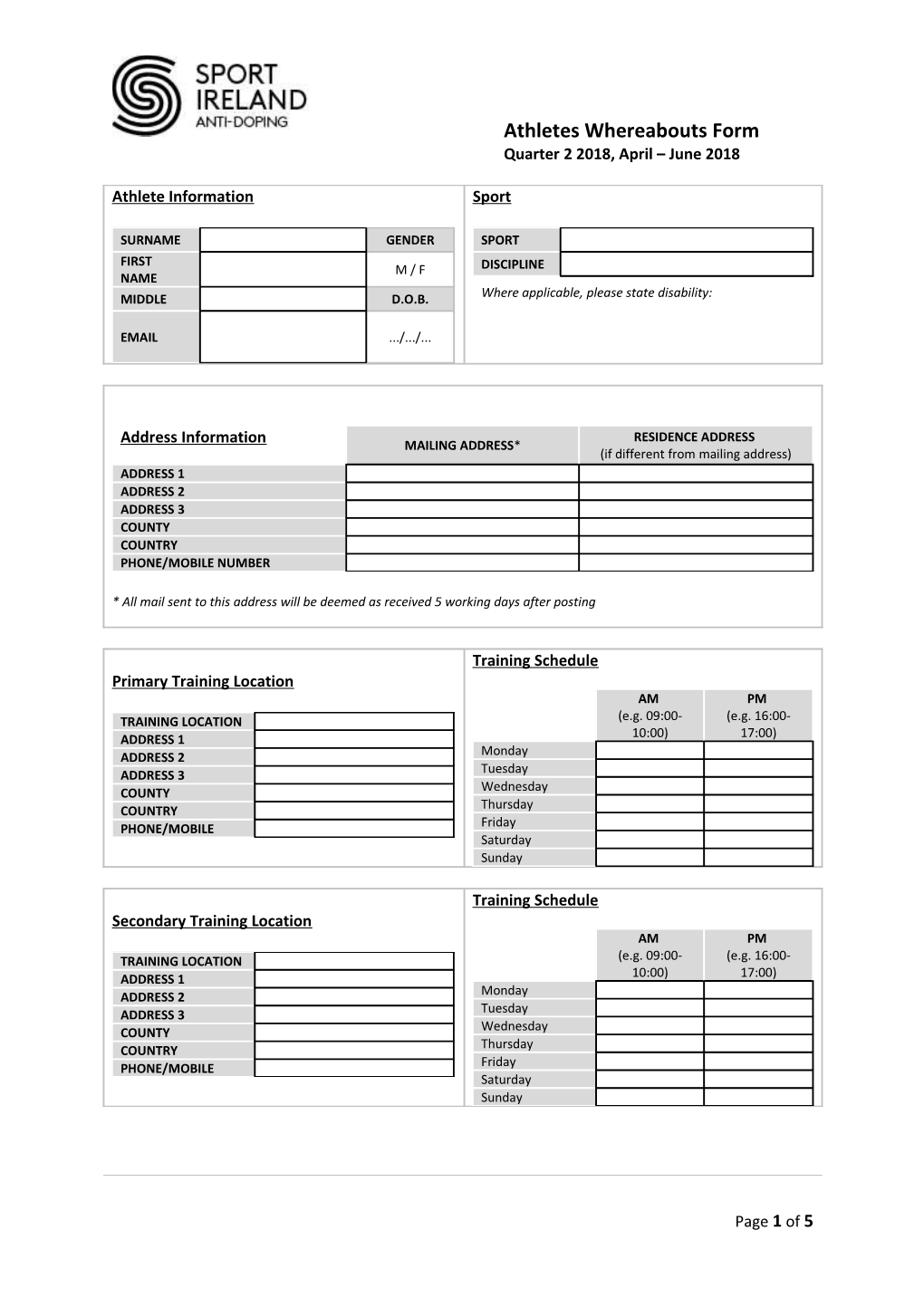 The Irish Sports Council - Athletes Whereabouts Form