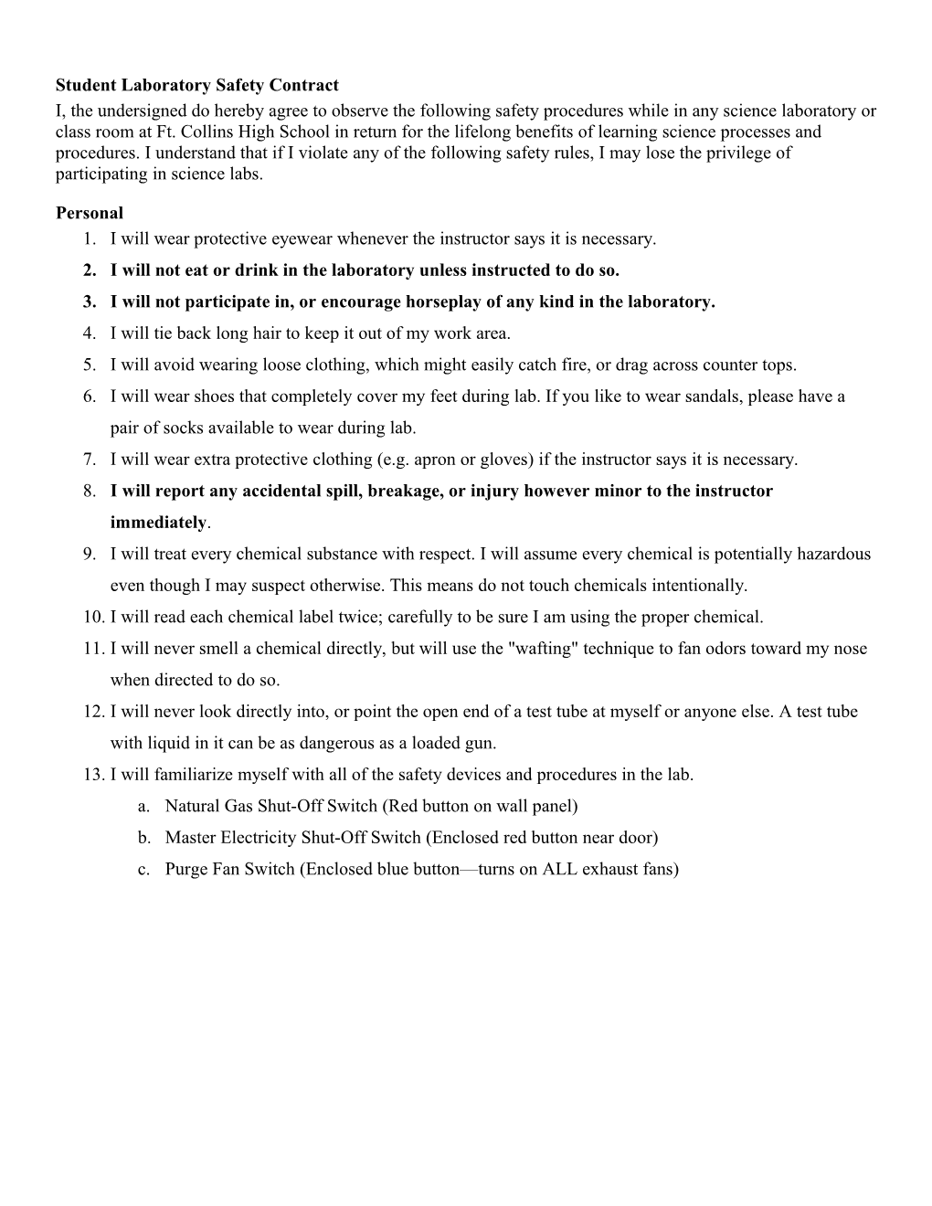 Student Laboratory Safety Contract