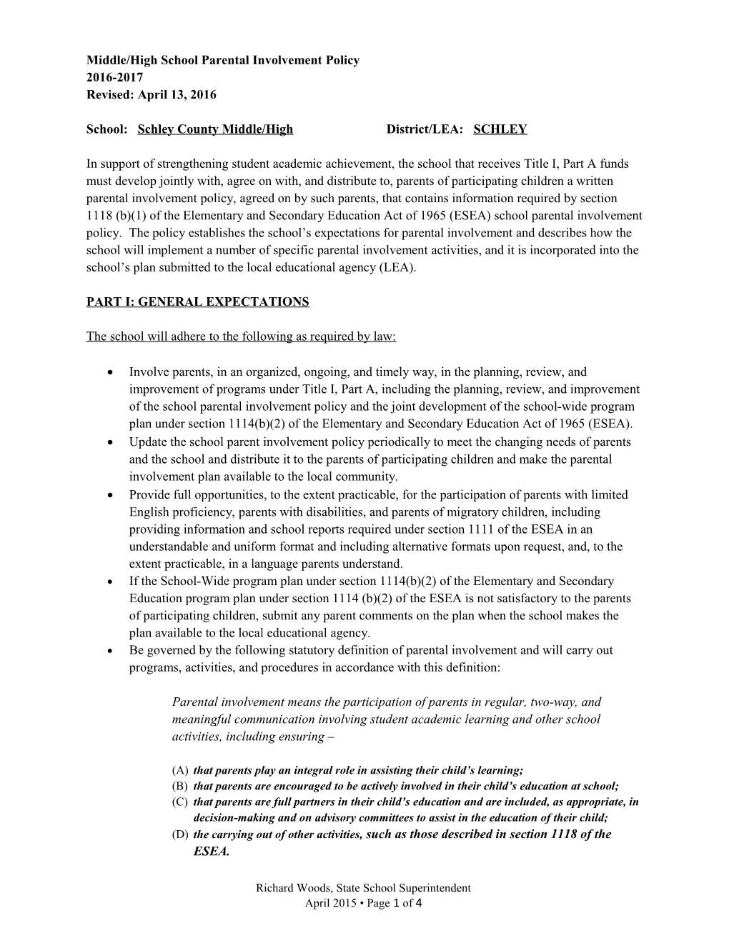 Middle/High School Parental Involvement Policy