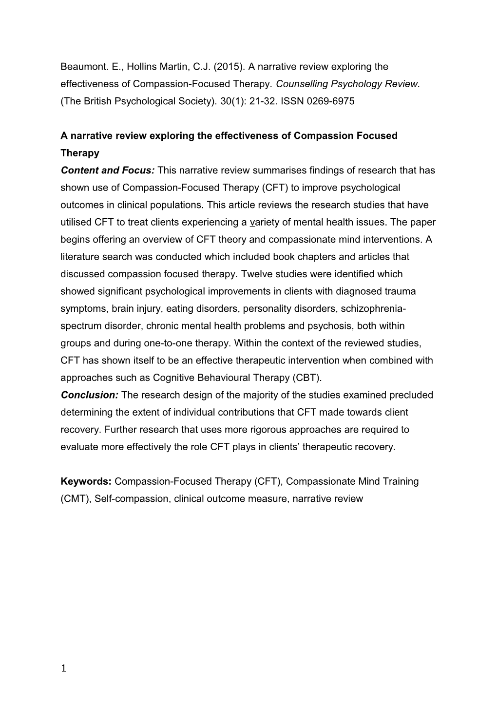 A Narrative Review Exploring the Effectiveness of Compassionfocused Therapy
