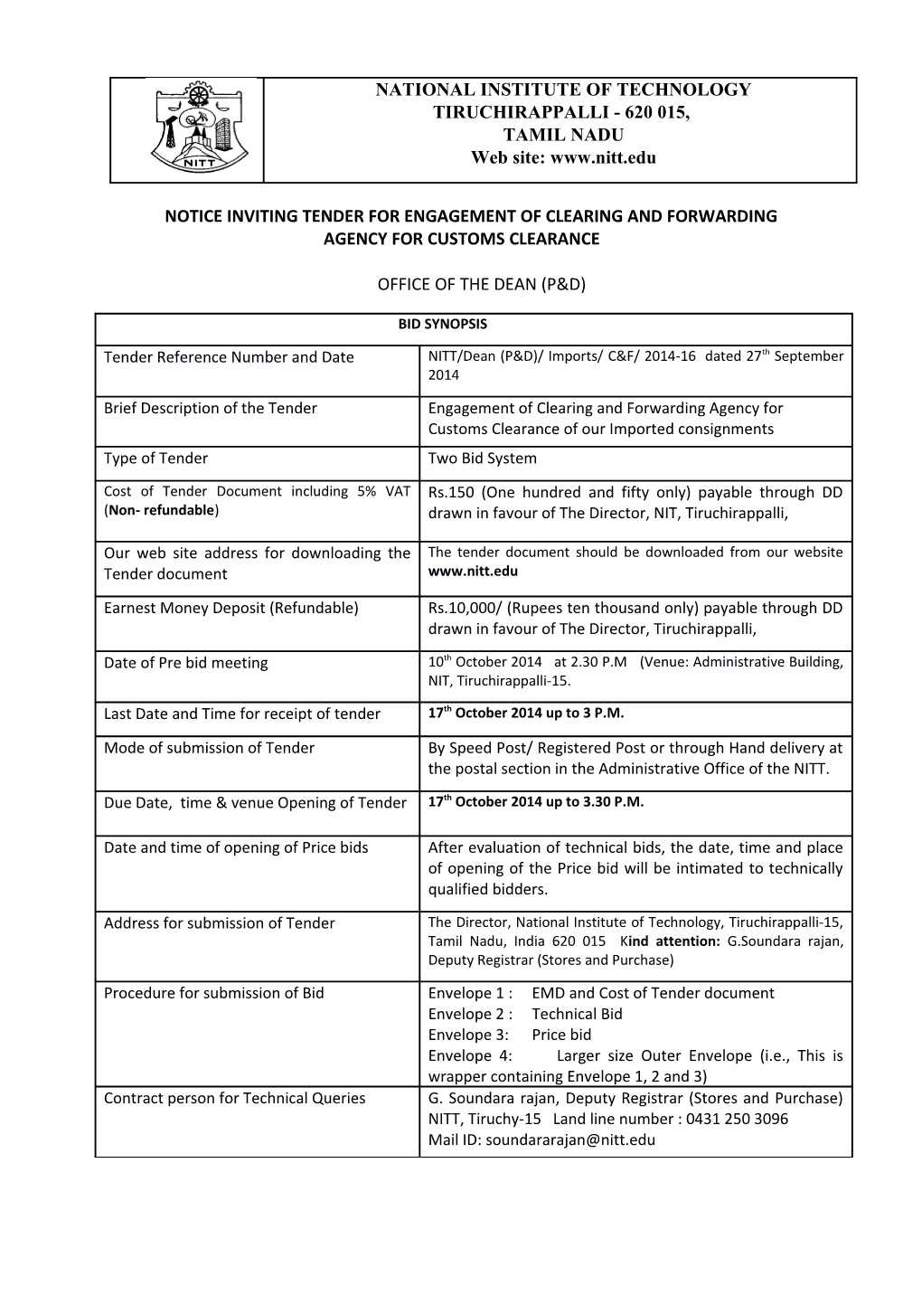 Notice Inviting Tender for Engagement of Clearing and Forwarding Agency for Customs Clearance