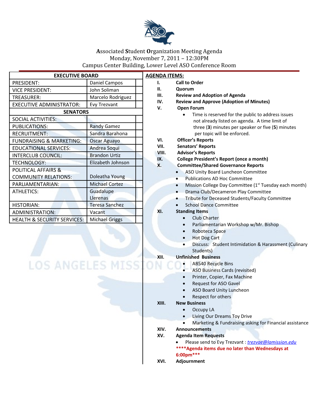 Associated Student O Rganization Meeting Agenda