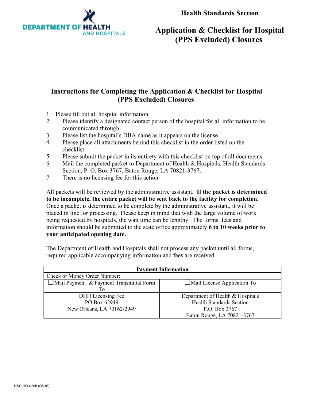 Application & Checklist for Hospital (PPS Excluded) Closures