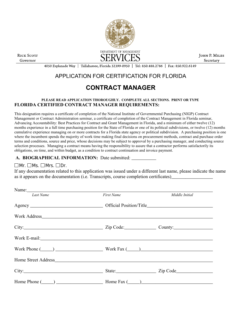 Application for Certification for Florida