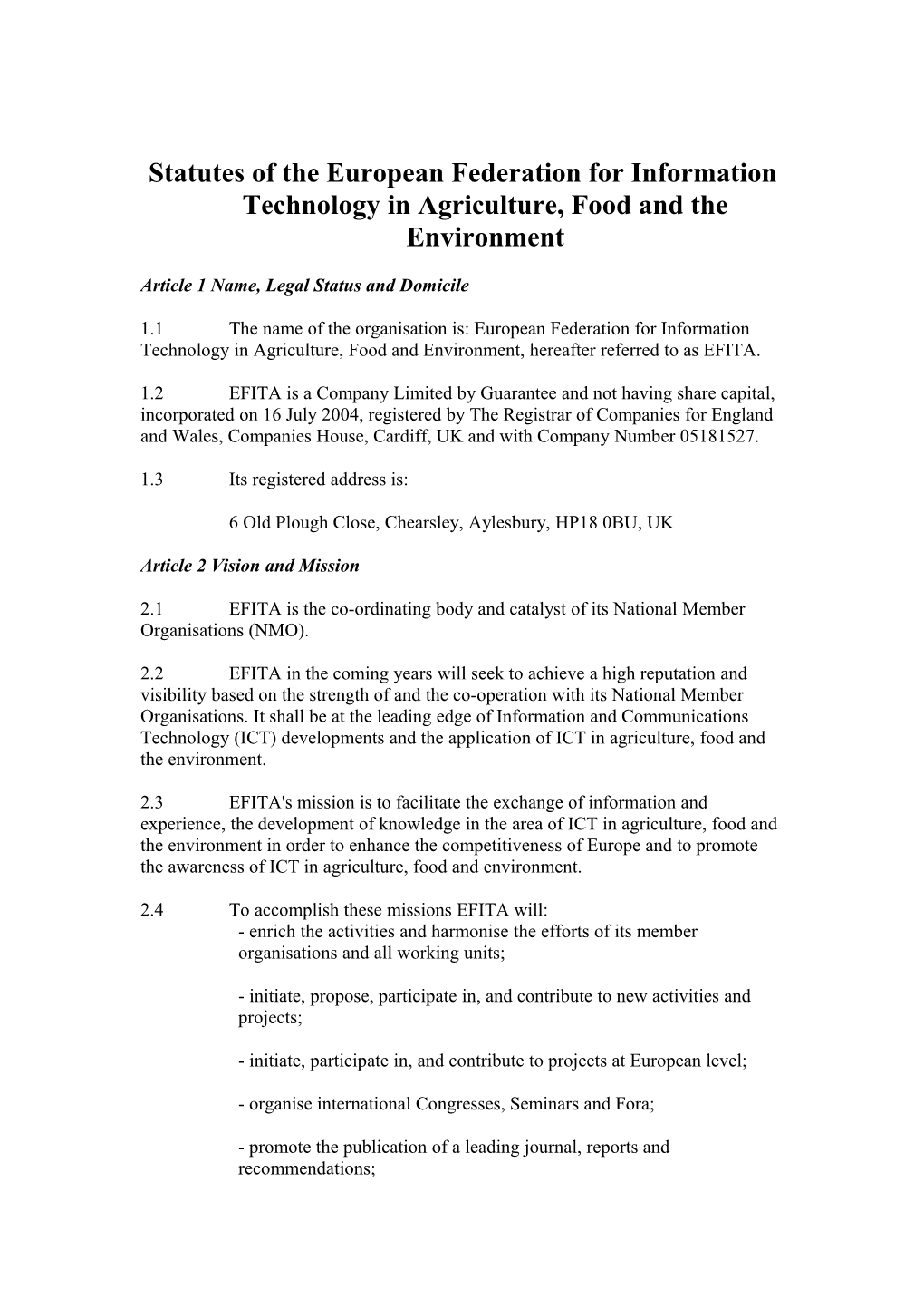 Statutes of the European Federation for Information Technology in Agriculture, Food And