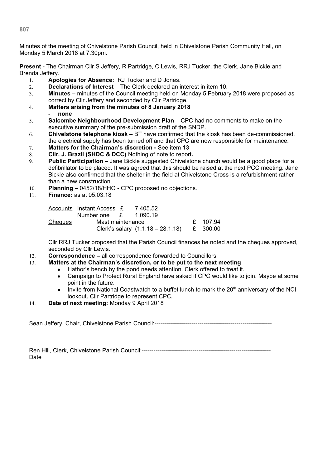 Minutes of the Meeting of Chivelstone Parish Council, Held in Chivelstone Parish Community