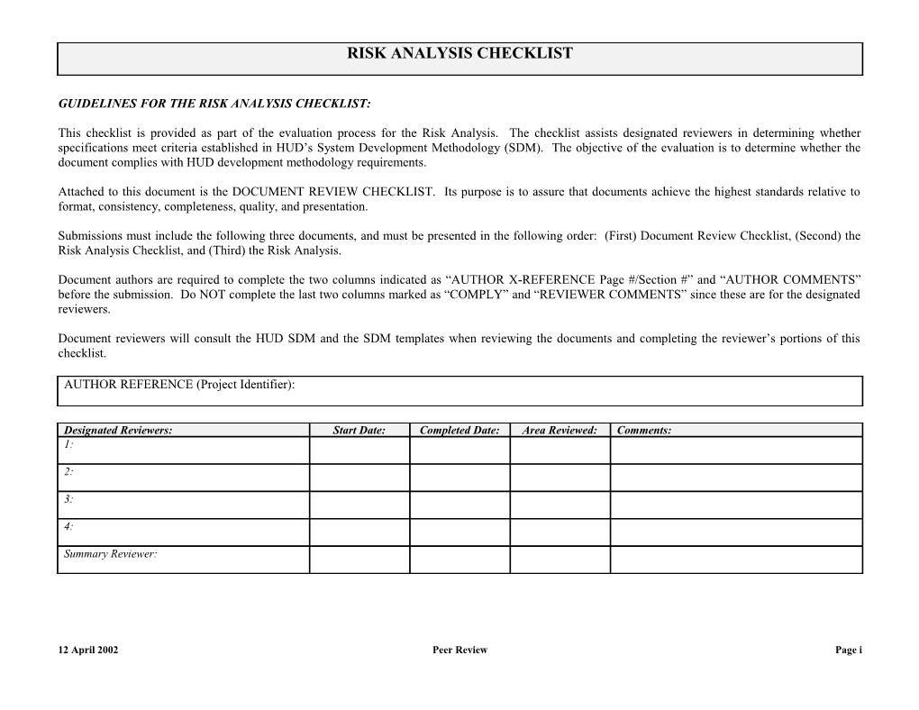 Risk Analysis Checklist