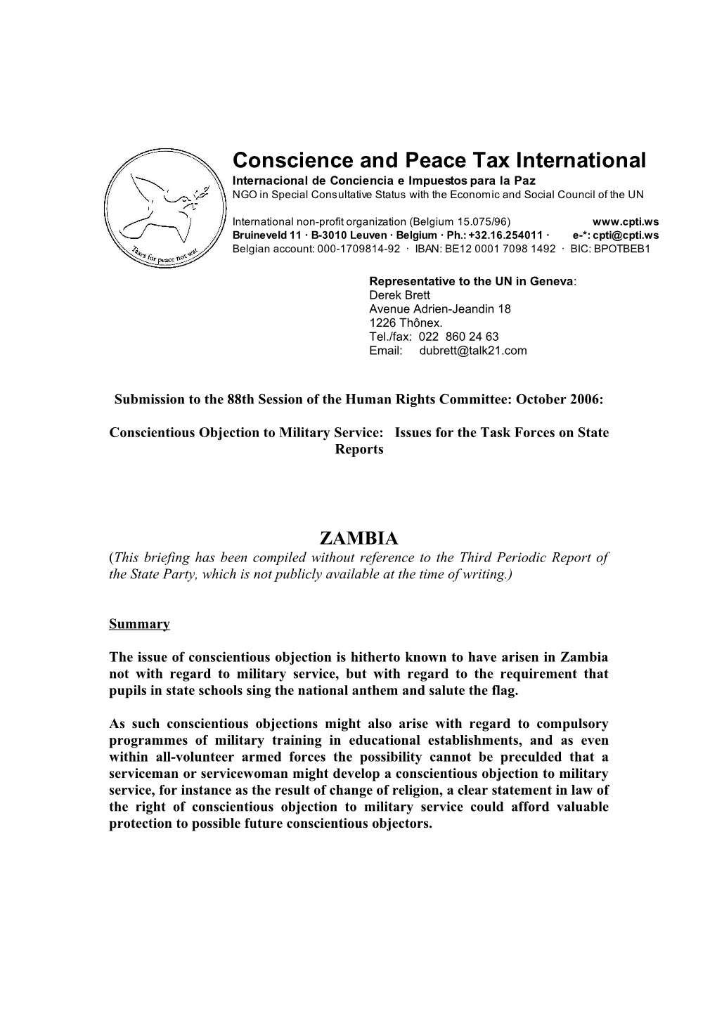 Conscientious Objection to Military Service: Issues for the Task Forces on State Reports