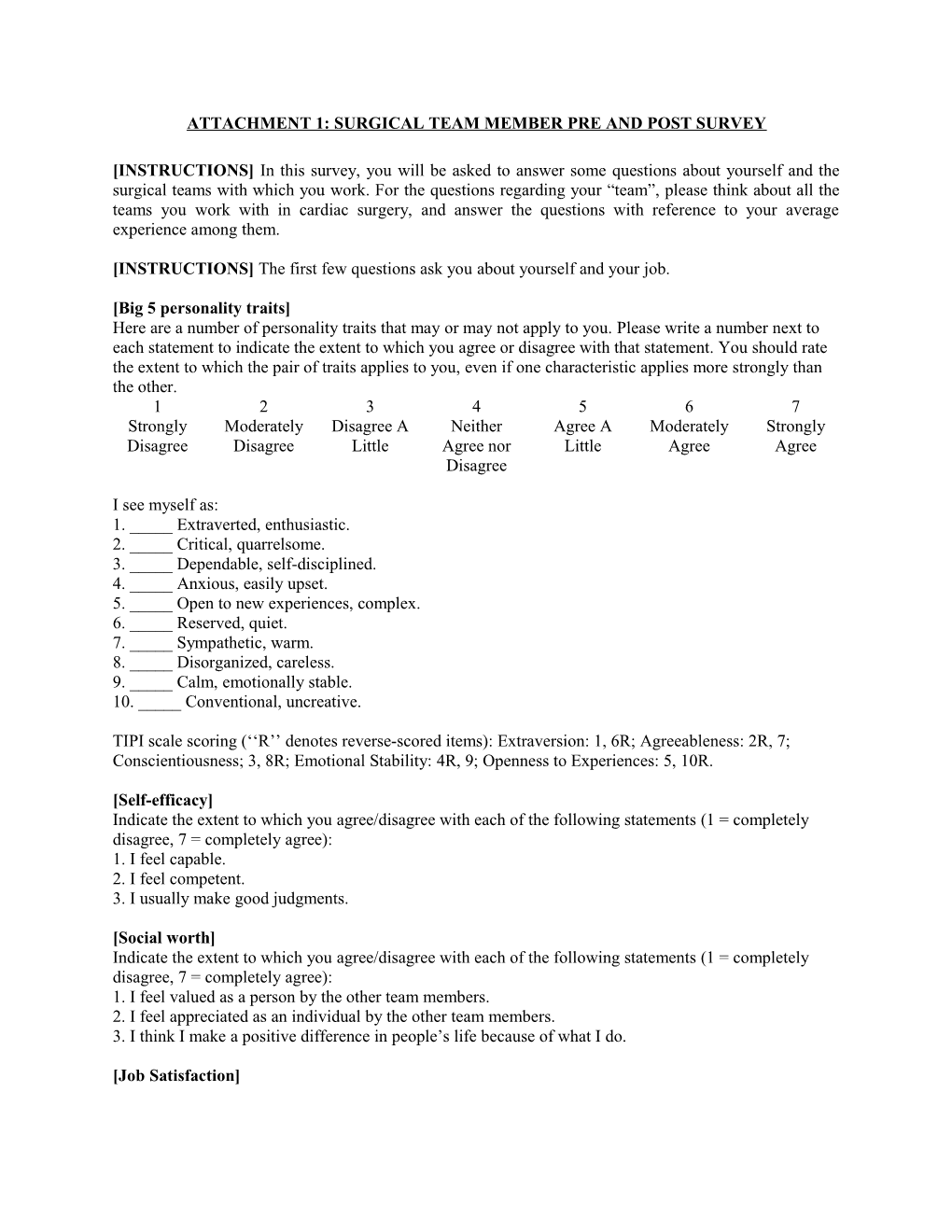 Attachment 1: Surgical Team Member Pre and Post Survey