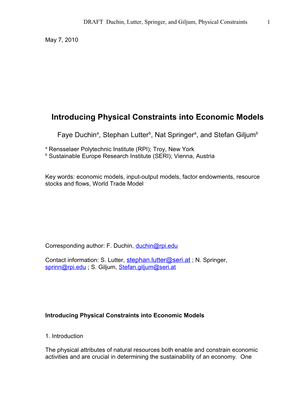 Introducing Physical Constraints Into Economic Models