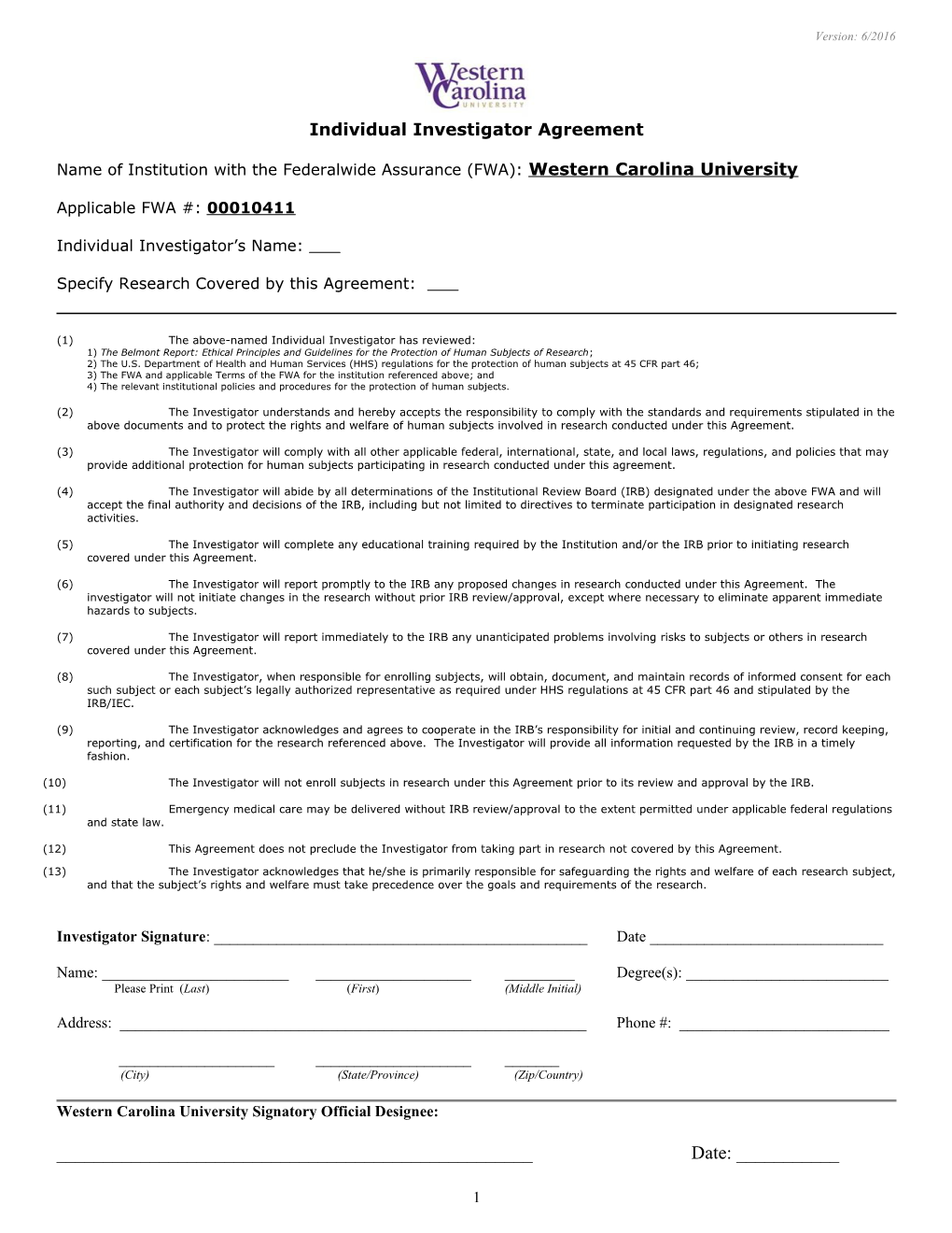 Individual Investigator Agreement