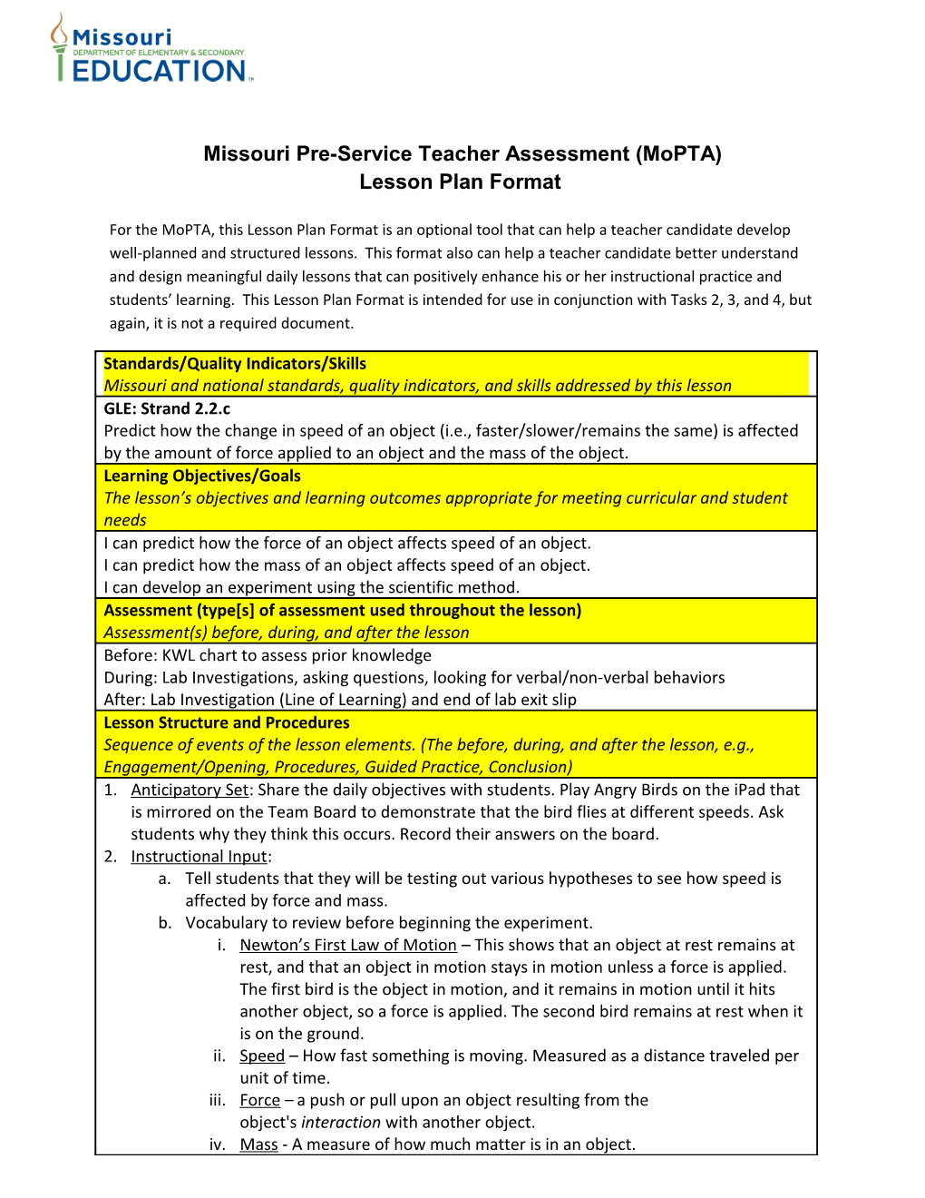 Missouri Pre-Service Teacher Assessment (Mopta) s1