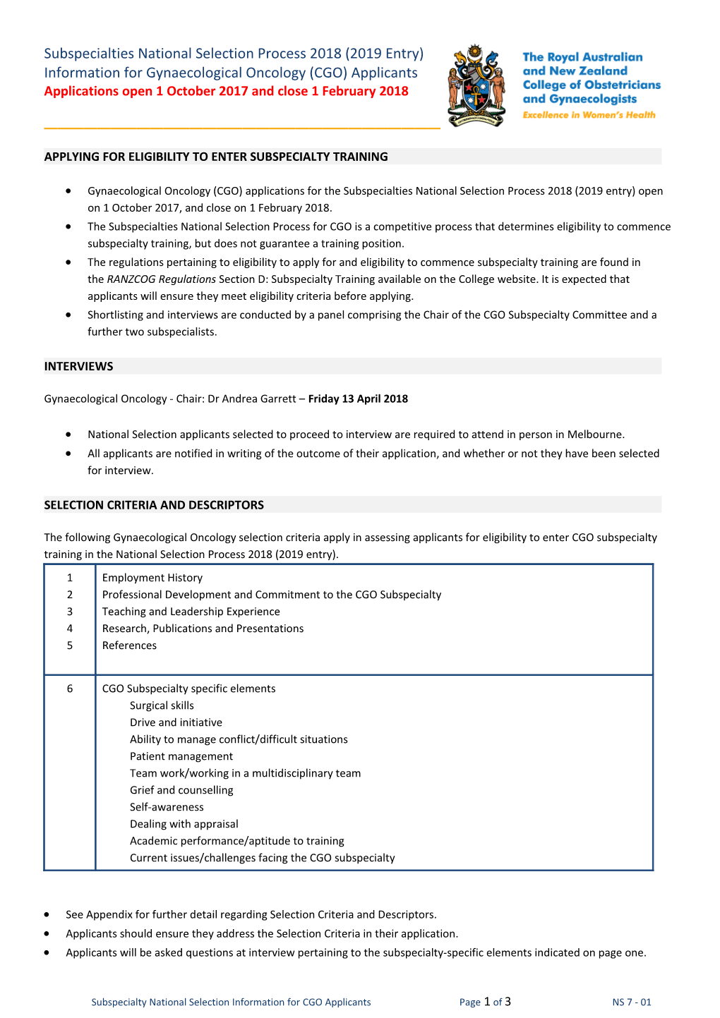 The Subspecialties National Selection Process for CGO Is a Competitive Process That Determines