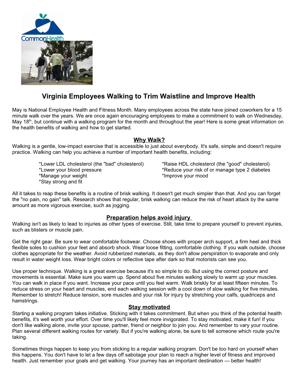 Virginia Employees Walking to Trim Waistline and Improve Health