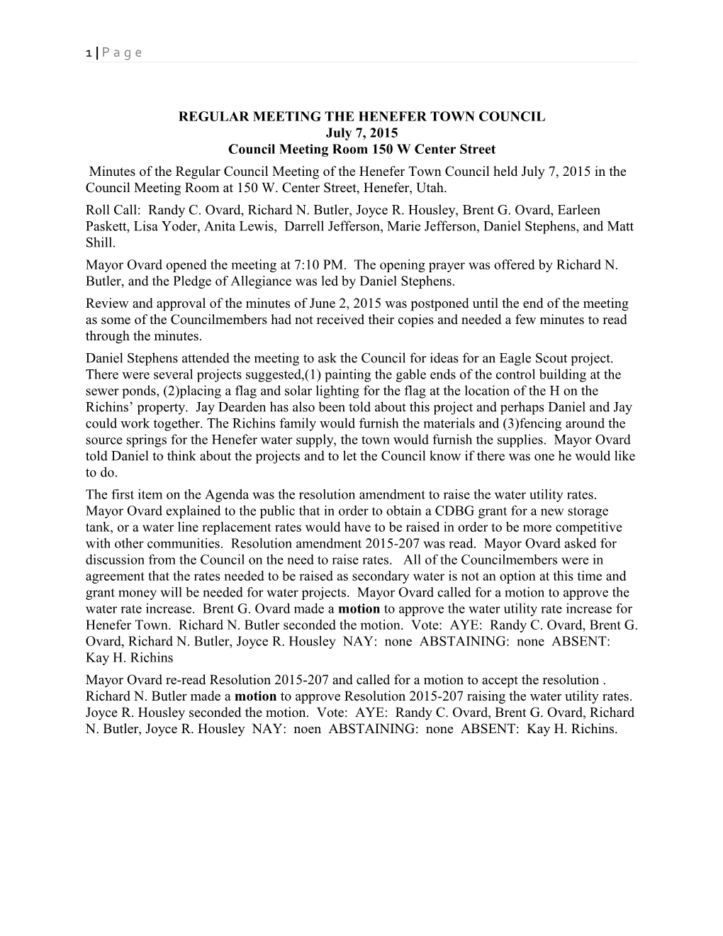 REGULAR MEETING the HENEFER TOWN COUNCIL July 7, 2015 Council Meeting Room 150 W Center Street