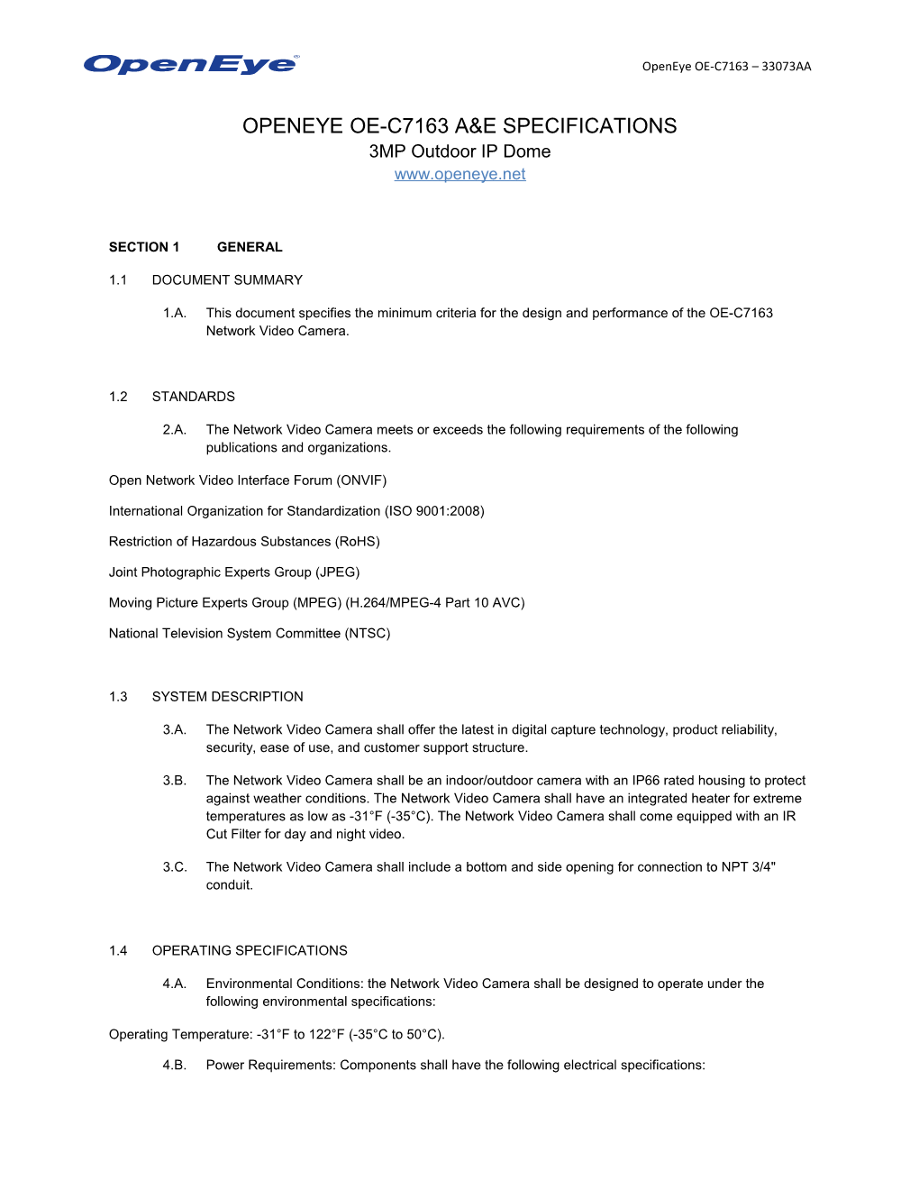 Openeye Cm-716 A&E Specifications