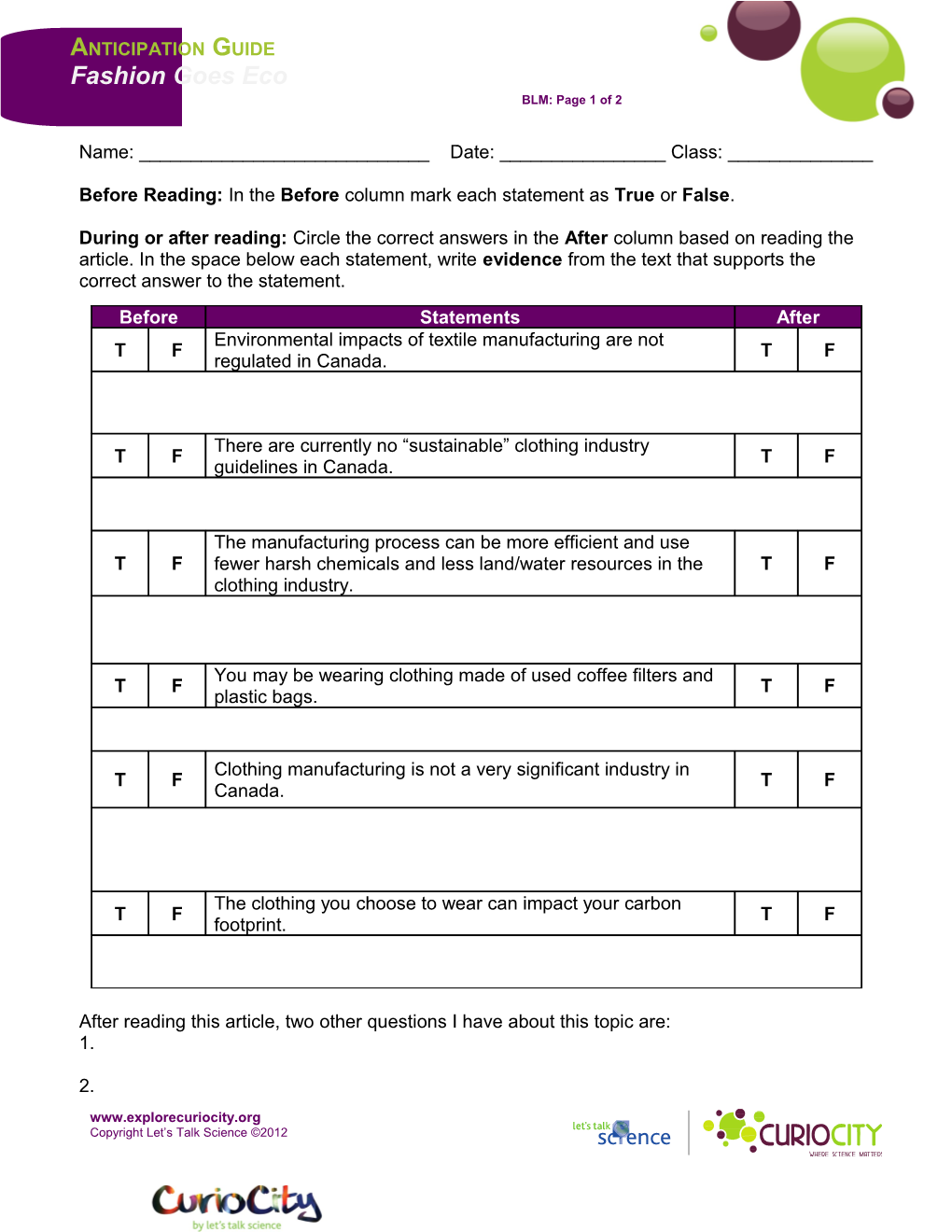 Before Reading: in the Before Column Mark Each Statement As True Or False