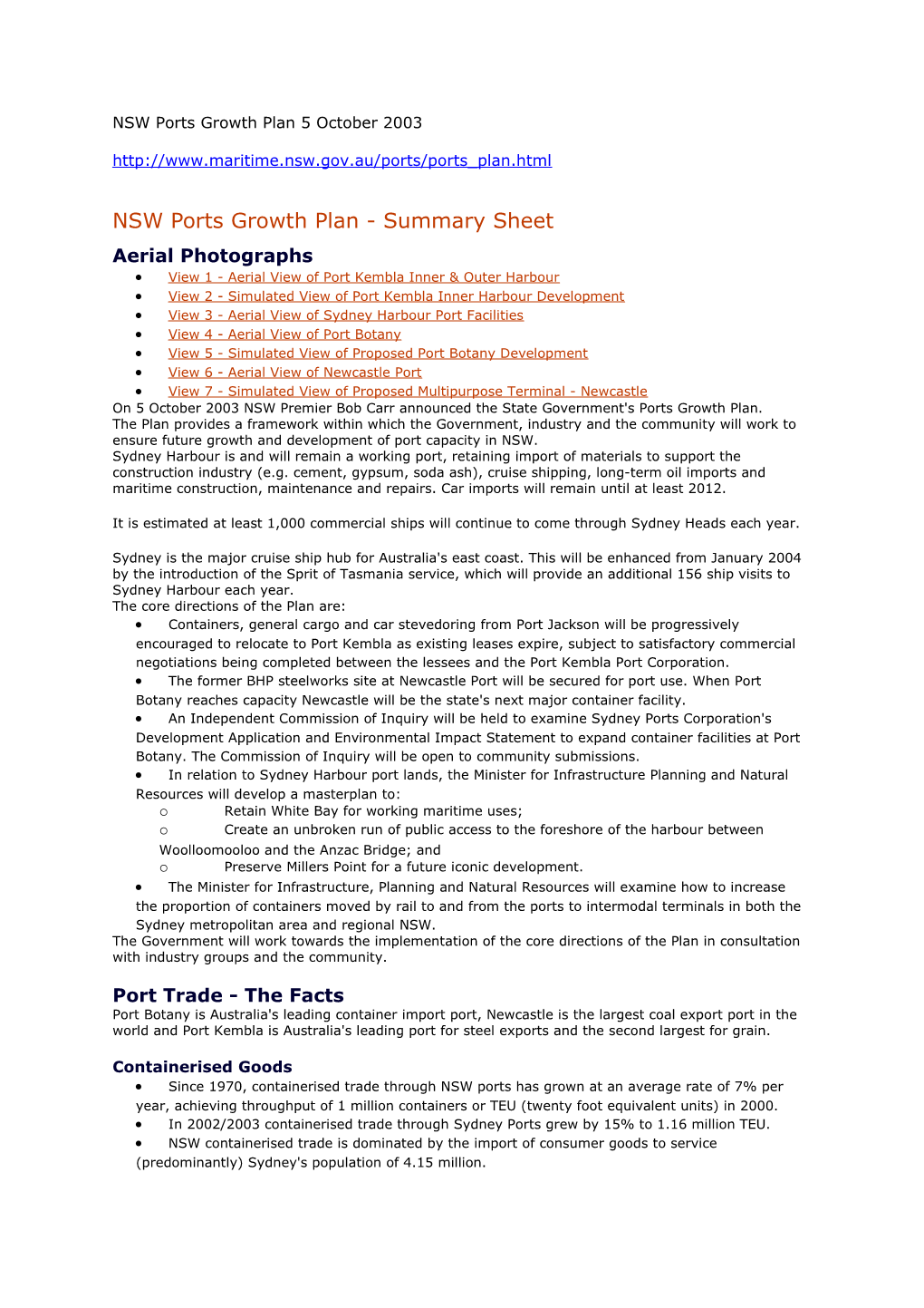 NSW Ports Growth Plan - Summary Sheet