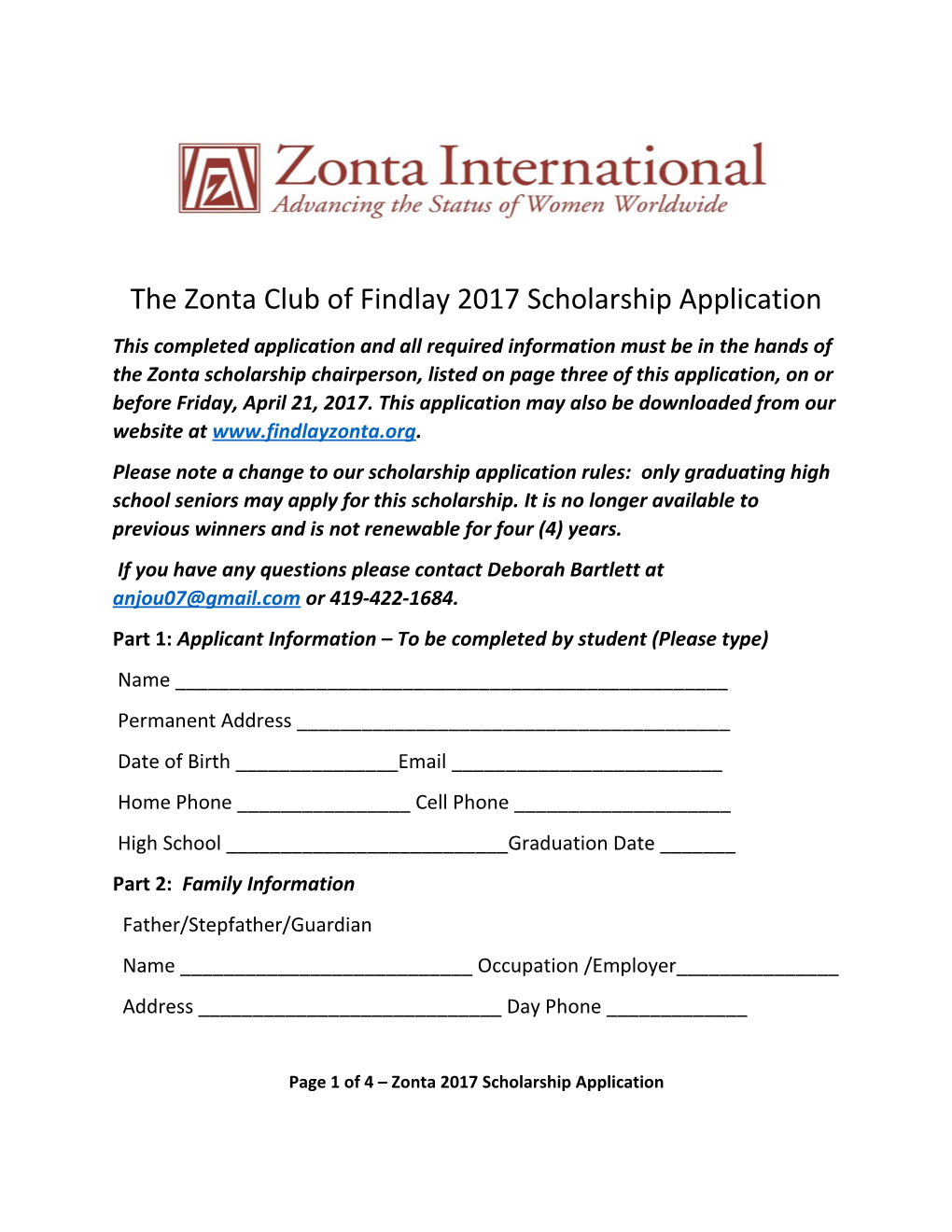 The Zonta Club of Findlay 2017 Scholarship Application