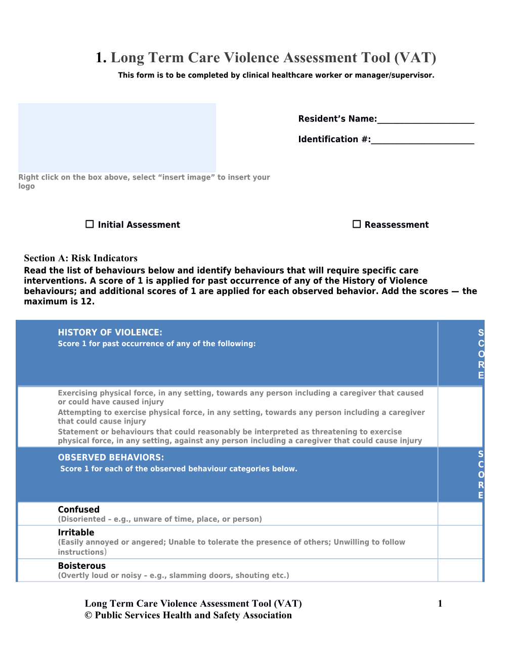 Long Term Care Violence Assessment Tool (VAT)