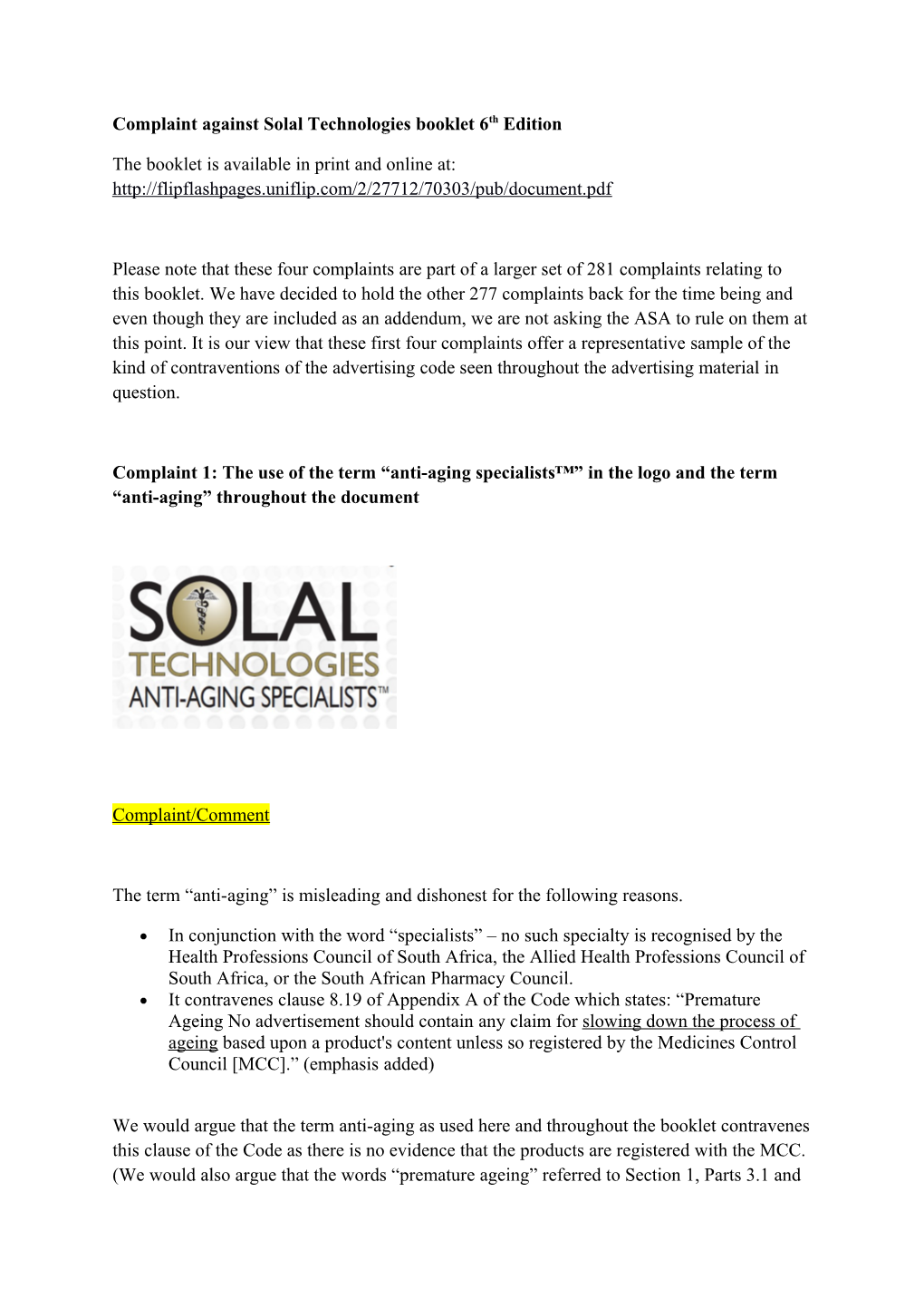 Complaint Against Solal Technologies Booklet 6Th Edition