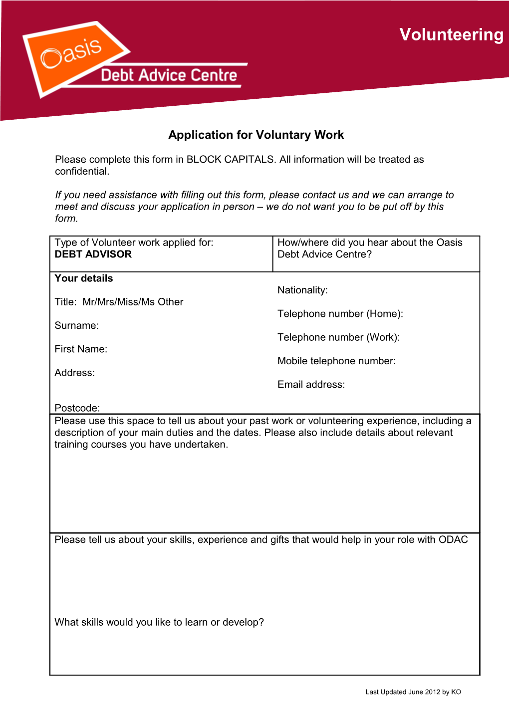 Application for Voluntary Work