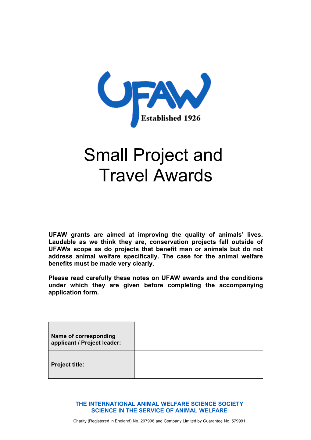 UFAW Small Project and Travel Awards