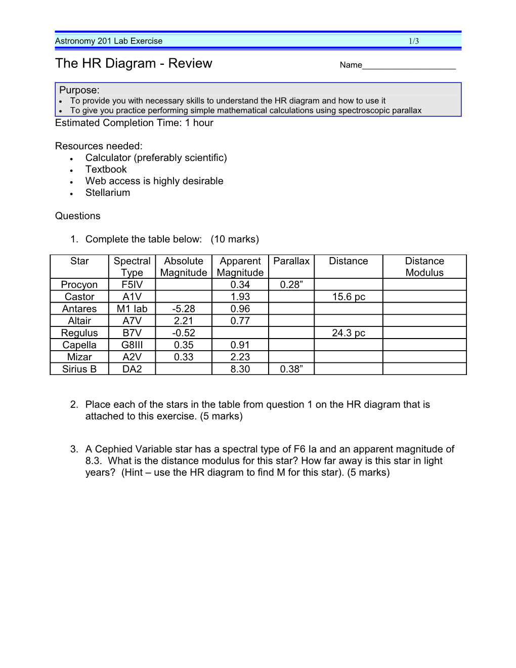 Astronomy 201 Lab Exercise 3/3