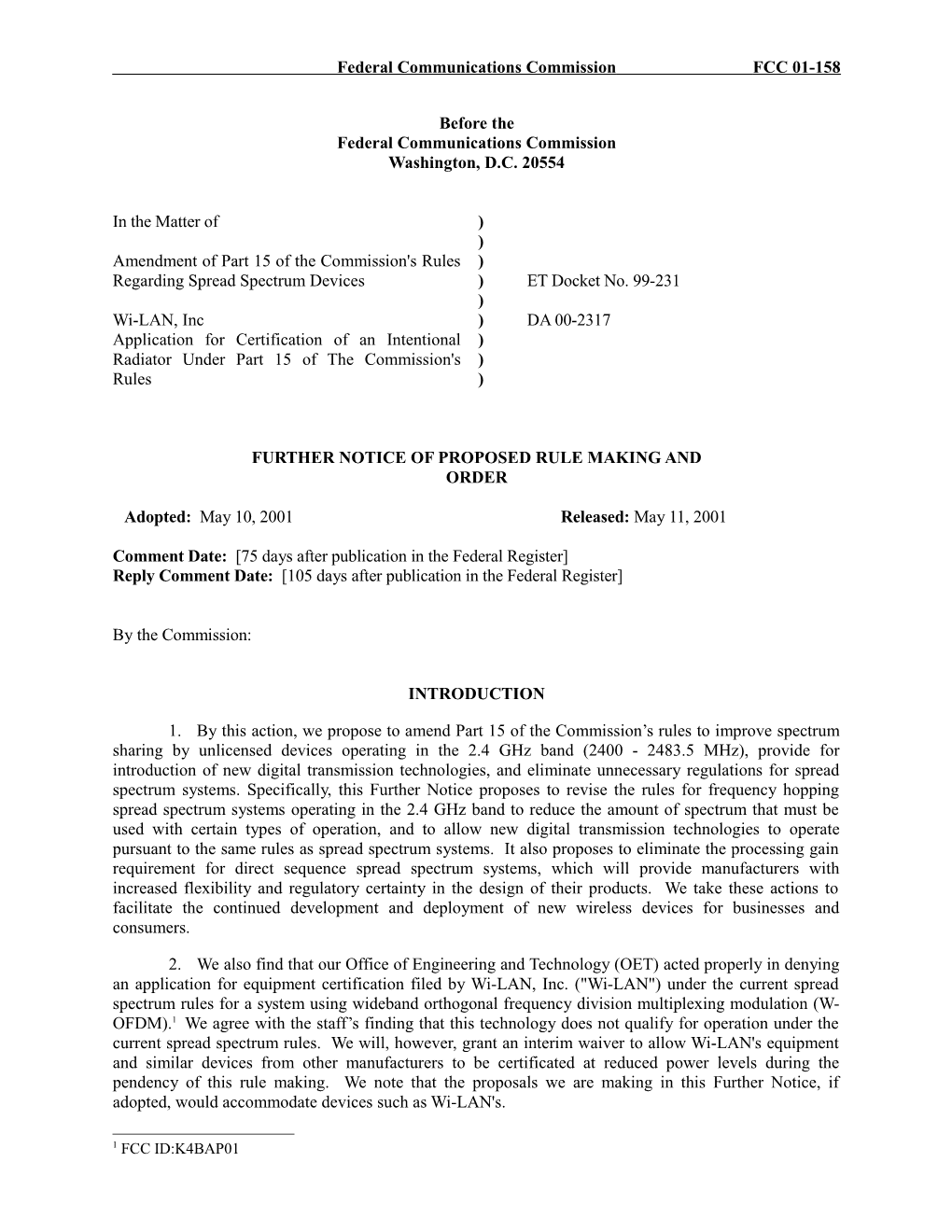 Federal Communications Commissionfcc 01-158