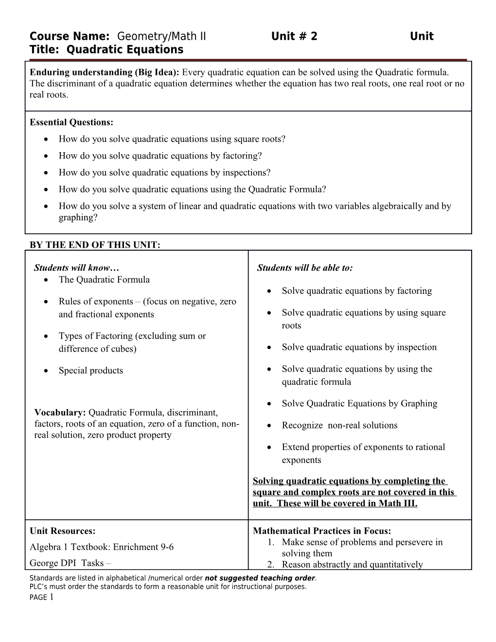 Course Name: Geometry/Math II Unit # 2 Unit Title: Quadratic Equations