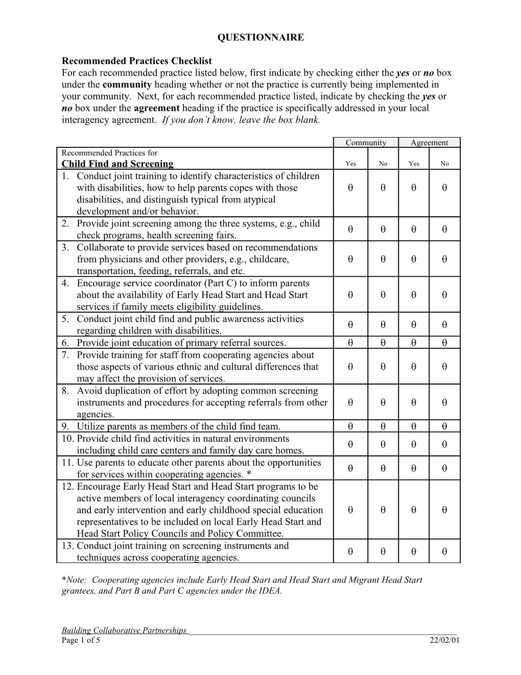 Head Start/LEA Questionnaire