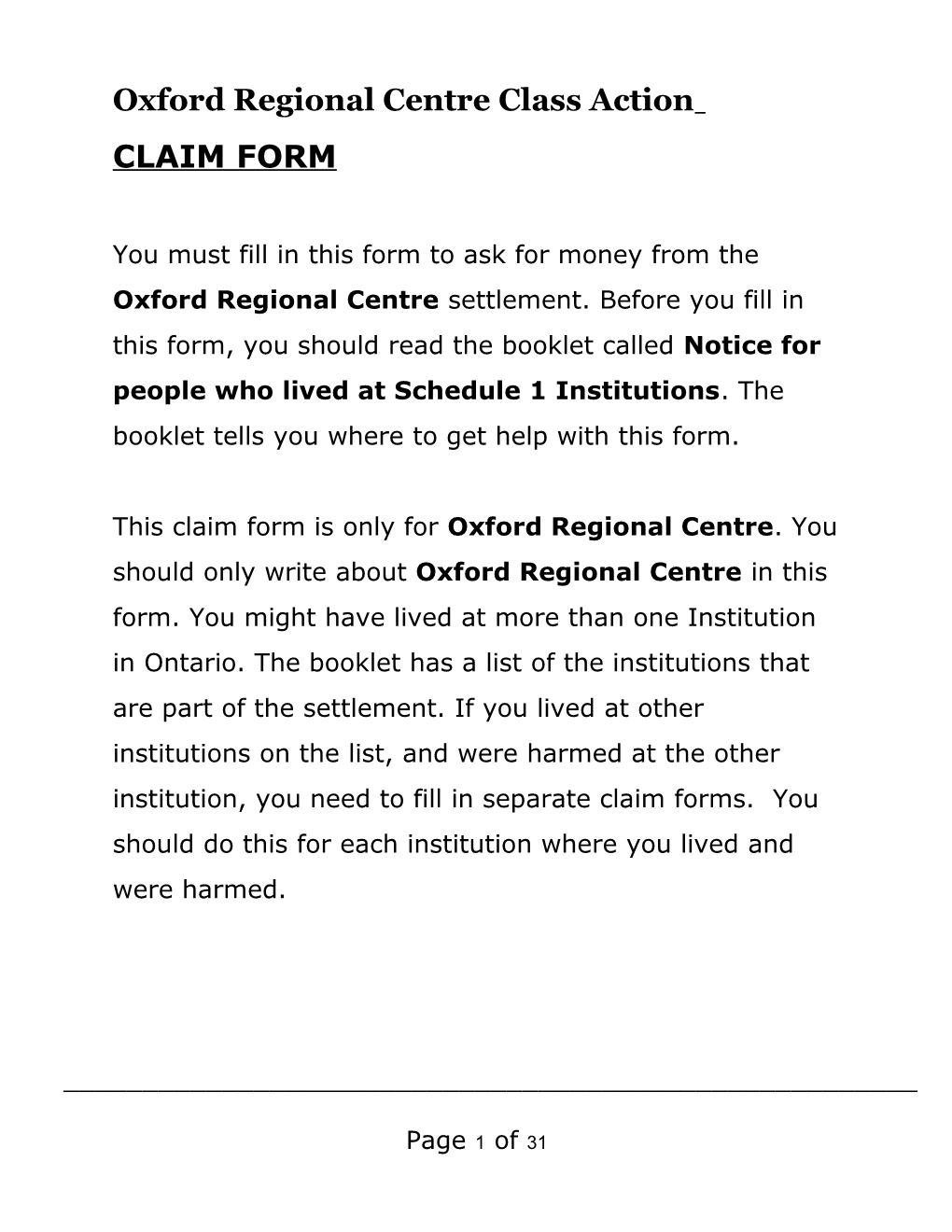 CLAIM FORM for The