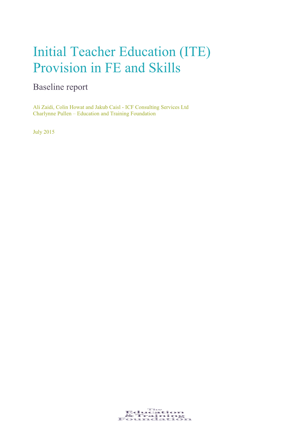 Initial Teacher Education (ITE) Provision in FE and Skills
