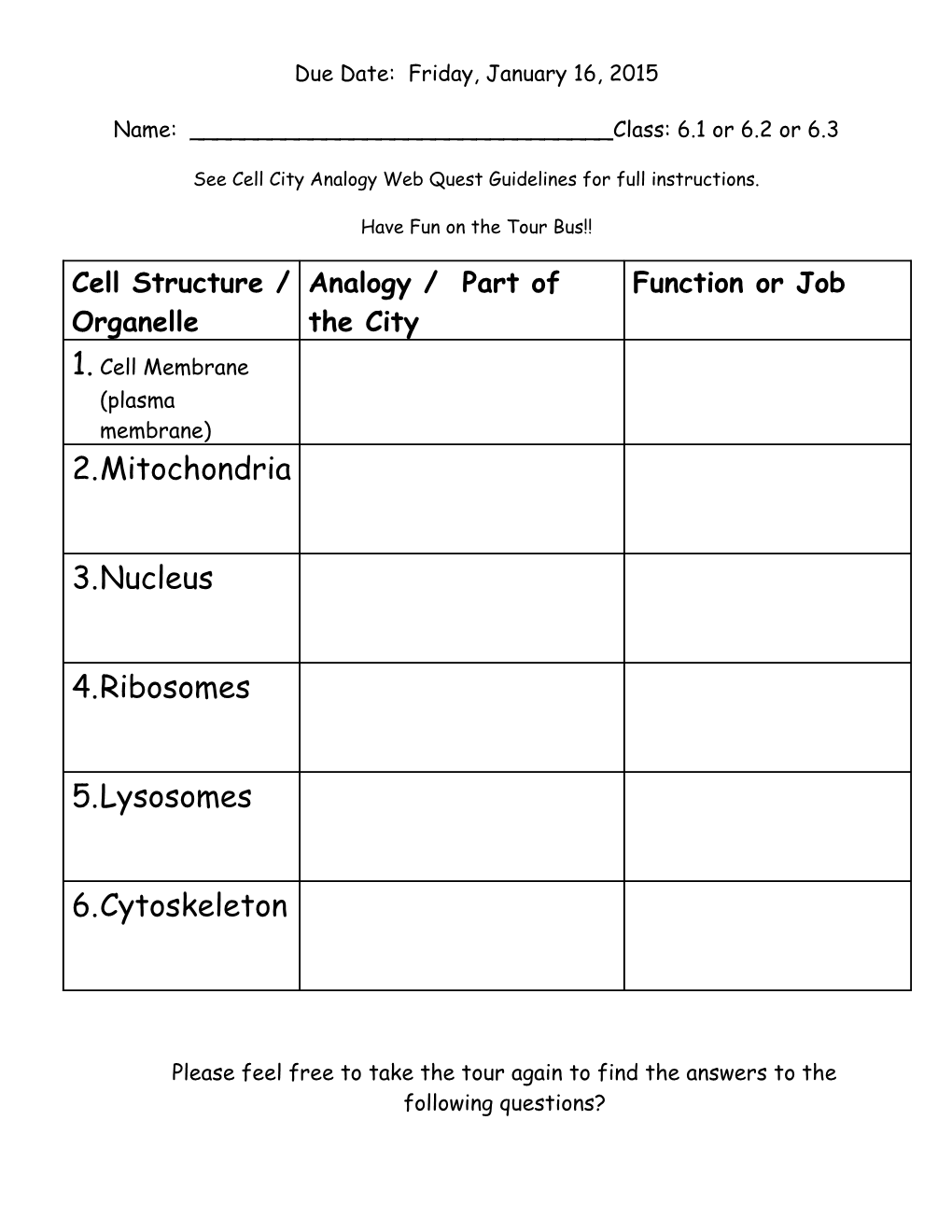 Match the Parts of the City (Underlined) with the Parts of the Cell