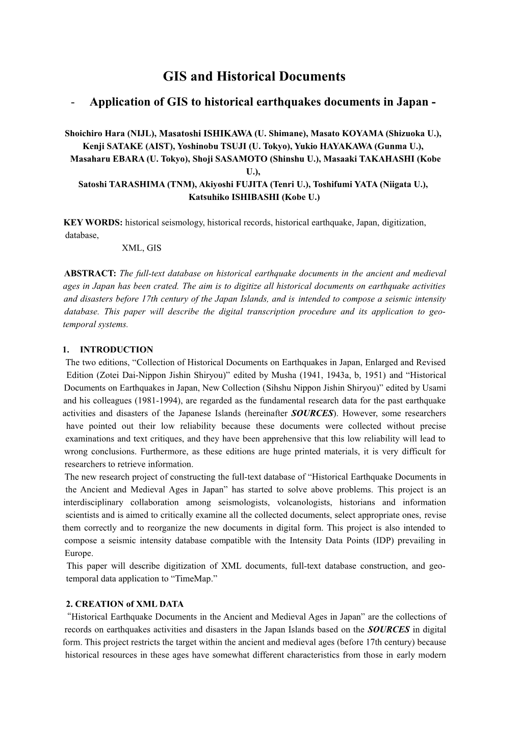 On the Creation of XML Data of Historical Earthquake Materials