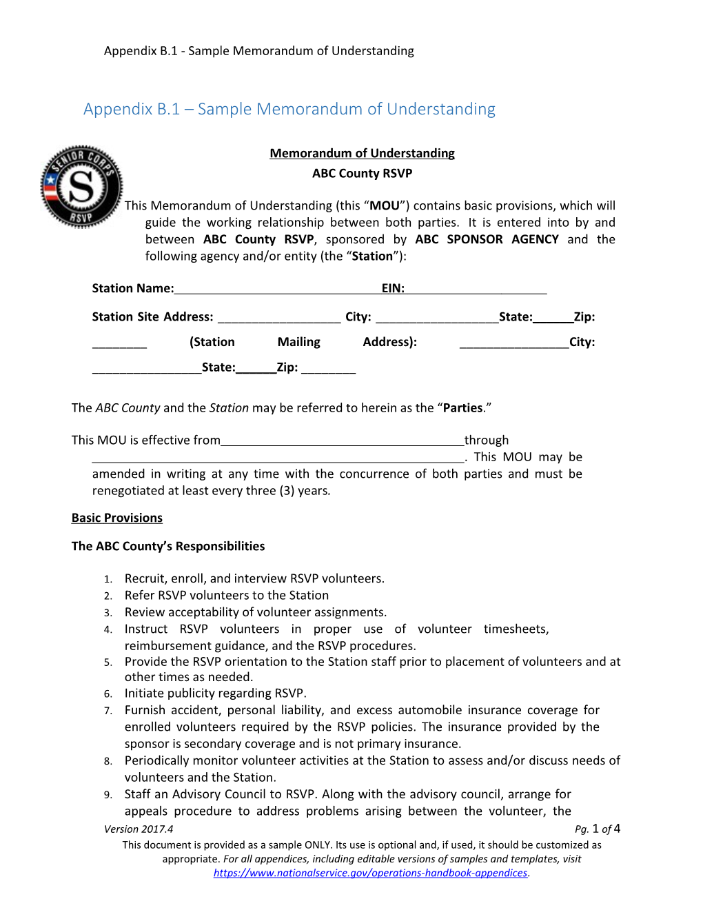 Appendix B.1 - Sample Memorandum of Understanding